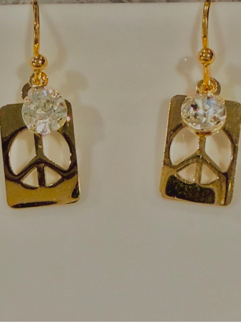 Gold Peace Sign Drop Earrings with Clear Crystal Accent